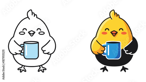 Cute cartoon chickens drinking coffee or tea from mug