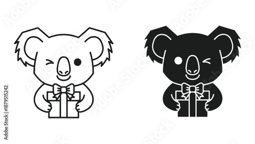 Cute koala bear holding gift box in black and white