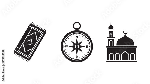 Vector Illustration Of Prayer Mat, Compass And Mosque For Islamic Travel And Spirituality Concept