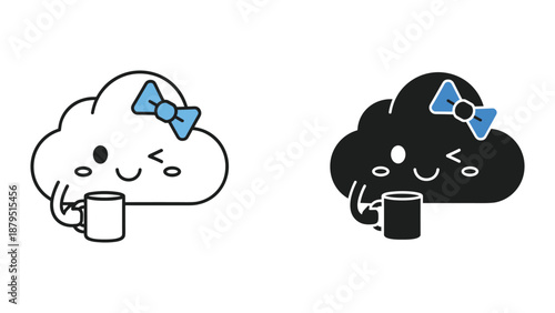 Cartoon clouds drinking coffee or tea from mug
