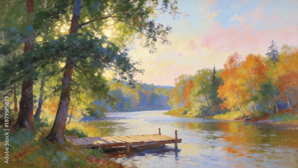 Fototapeta premium Autumnal river landscape with dock