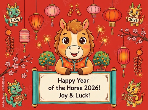 Year of the Horse 2026 Chinese New Year greeting card illustration with cute cartoon horse, dragons, lanterns, and firecrackers on a red background.