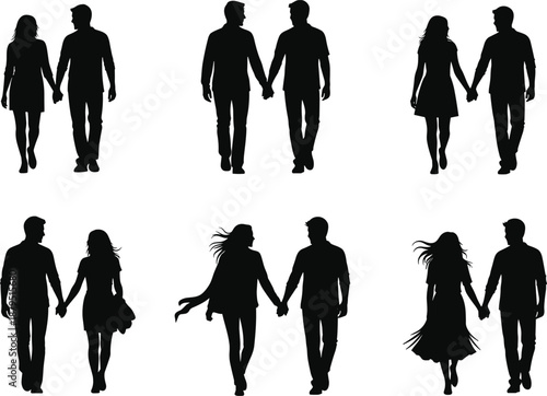 Couple silhouette collection showing romantic man and woman holding hands, walking together in various poses isolated on white background