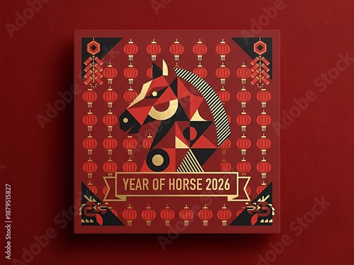 Chinese zodiac Year of the Horse 2026 graphic poster design. Geometric illustration with red lanterns and gold accents for Lunar New Year.