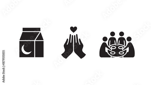 Vector Illustration Of Food Donation Concept With Milk Carton, Praying Hands, And People Sharing Food For Social Responsibility And Charity