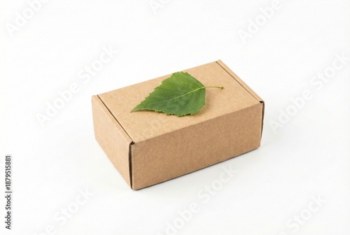 Cardboard box with green leaf on top. Eco-friendly packaging and sustainable delivery concept isolated on white