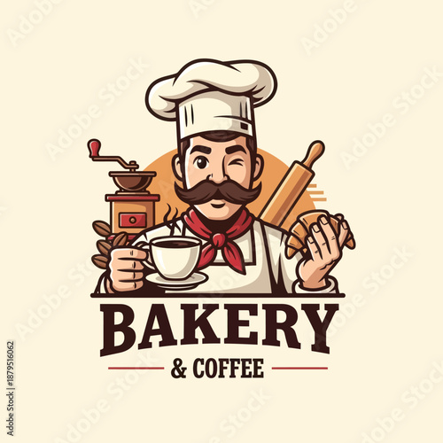 Cartoon Baker with Coffee and Rolling Pin.
