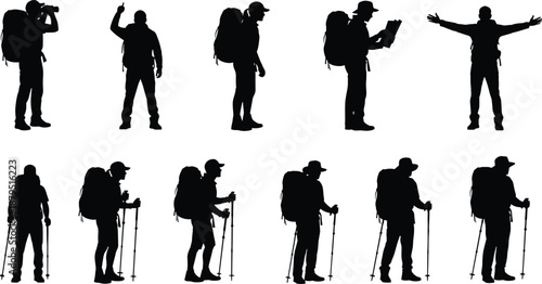 Collection of hiker silhouettes with backpacks and trekking poles on a white background hiking