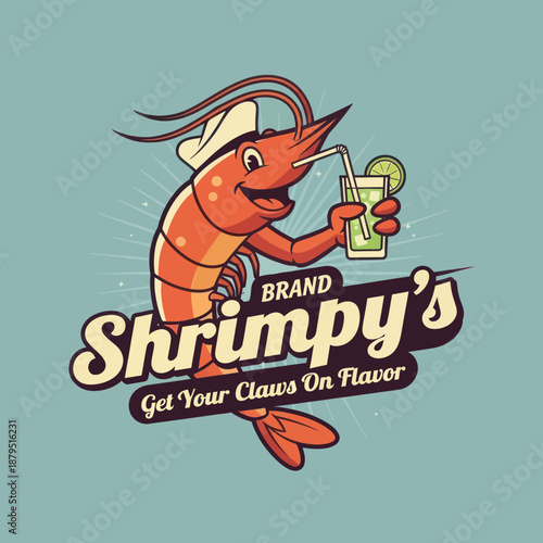 Cartoon Shrimp Drinking Cocktail Beverage Mascot.