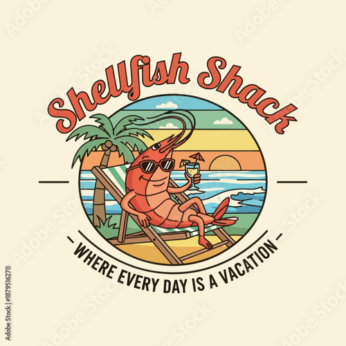 Cartoon Lobster Relaxing on Beach Chair.