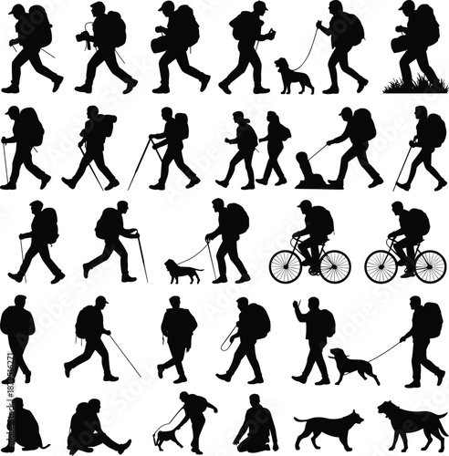 Comprehensive Silhouette Assortment of Hikers Backpackers Cyclists and Dogs in Dynamic Poses walking