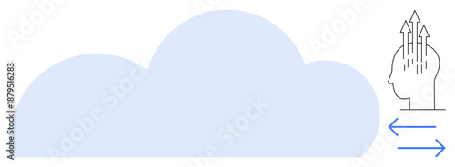 Cloud computing concept. Cloud symbol, human head with innovation arrows, and data flow illustration. Cloud computing facilitates data storage, innovation, and digital transformation. For technology