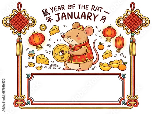 Year of the Rat zodiac illustration for Chinese New Year with a blank calendar frame.