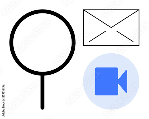 Data search, online communication, messaging, video calls, information gathering, and digital interactions. Magnifying glass, envelope and video icon in minimalist style. Data search and online
