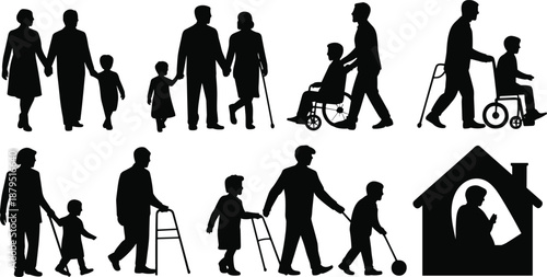 Diverse family silhouettes showing different generations and mobility aids elderly child