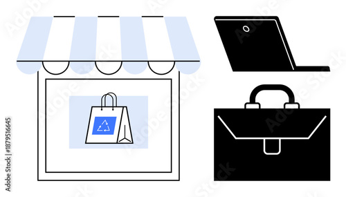 E-commerce, retail, business tools, sustainability, remote work, digital transactions. A storefront with a paper bag, a laptop and a briefcase. E-commerce and retail showcased