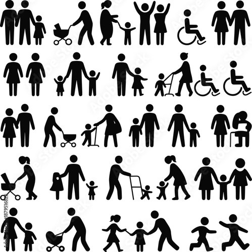 Extensive collection of black pictograms representing diverse family structures and individuals with disabilities