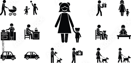 Family Activities and Daily Life Icons Representing Parenting and Leisure Pursuits vector illustration