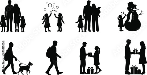 Family and Holiday Silhouettes Featuring Parents Children Dog Snowman and Gift Exchange people