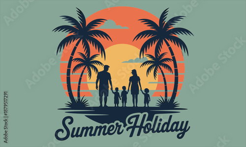 Wallpaper Mural Family Silhouette on a Tropical Beach with Palm Trees and the Words Summer Holiday on a Teal Background Torontodigital.ca