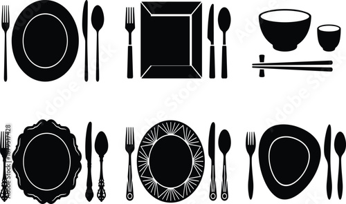 Dining tableware silhouettes collection featuring plates bowls cutlery and chopsticks in modern and classic styles isolated on white background