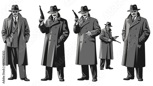 Vintage Gangster Figures in Overcoats and Hats Holding Guns
