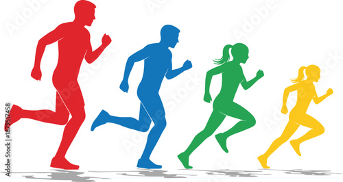 Four Colorful Silhouettes of People Running in a Line on White Background runners race