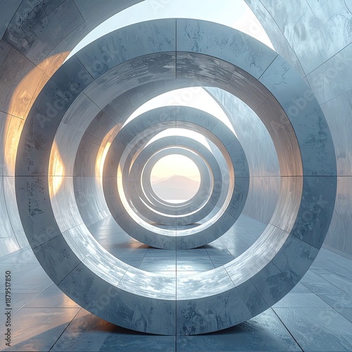 A futuristic tunnel with a series of concentric circular rings, marble texture, and a metallic sheen, viewed from the entrance