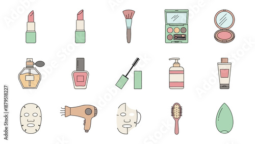 Collection of various beauty and cosmetic products in a colorful, hand-drawn style.