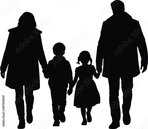 Silhouette of a family of four walking hand in hand on a white background parents children