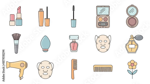 Collection of various beauty and cosmetic products in a doodle style.