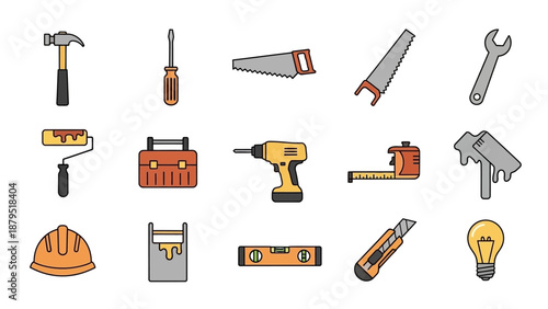 Collection of various construction and DIY tools in a colorful, outlined cartoon style.