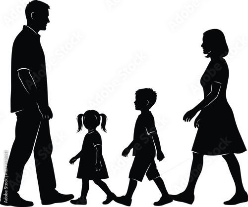 Silhouette of a family walking together with parents and two children people