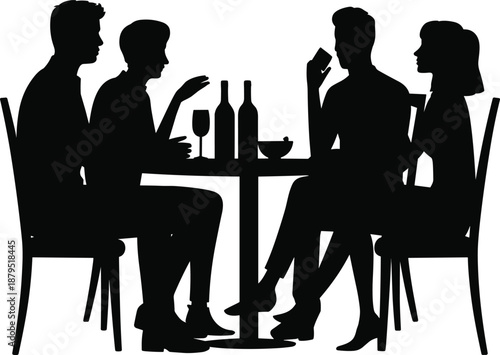 Silhouette of four people at a table with wine and glasses, one person holding a card on a white background