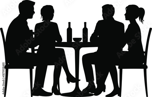 Silhouette of four people sitting around a table with bottles and a bowl on a white background group