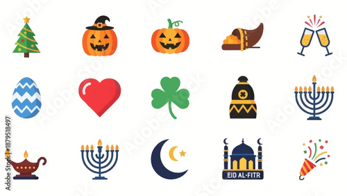 Collection of various holiday and celebration themed flat icons.