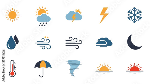 Collection of weather icons depicting various atmospheric conditions and natural phenomena.