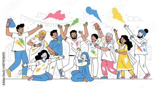 Diverse People Celebrating Holi Festival with Colorful Powder
