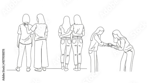 People Wearing Face Masks Interacting in Line Drawing