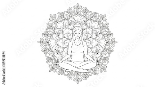 Woman Meditating in Floral Mandala Lotus Position