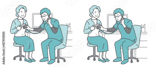 スクラブを着た男性医師による高齢女性の聴診イラストセット（正常・異常/体調不良）