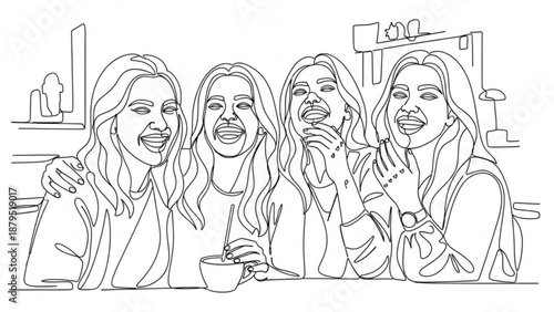 Four Women Laughing Together in Coffee Shop