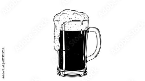 Frothy Dark Beer in Glass Mug Isolated on White