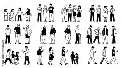 Diverse Group of People in Various Poses and Activities, Art Style