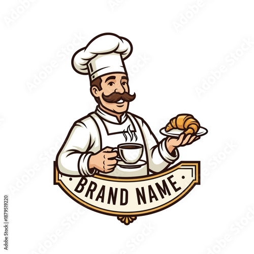 Cartoon Chef Holding Croissant and Coffee.