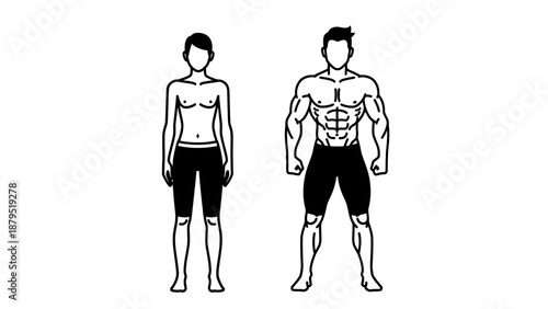 Two male figures showing contrast between lean and muscular body types, isolated on white.