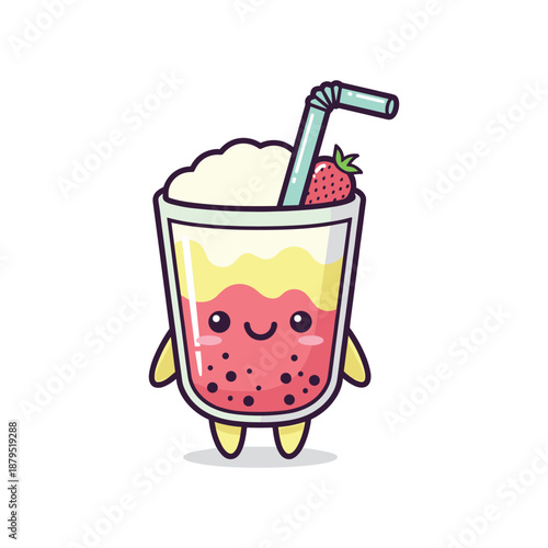 Happy boba tea character with strawberry and straw