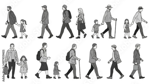 Diverse Group of People Walking Together in Various Styles and Ages