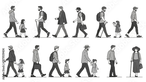 Diverse Group of People Walking Together in a: Adults and Children