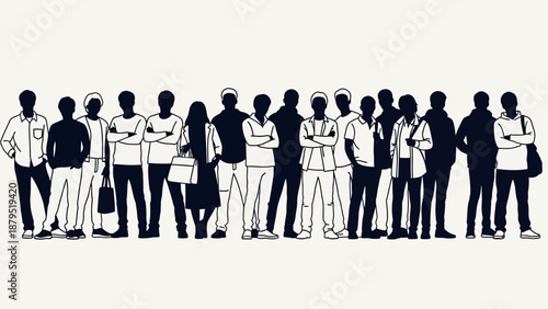 Diverse Group of People Standing Together Silhouette in Modern Outline Style